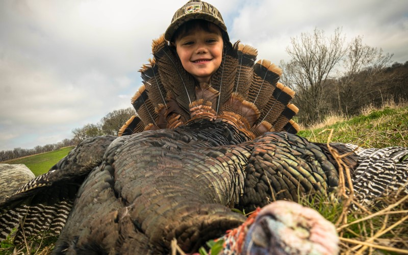 Cash's face poking through a turkey's tail feathers