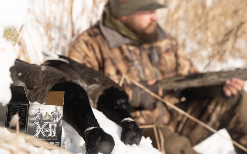 hunter sitting in the snow behind dead geese and HEVI-XII packaging